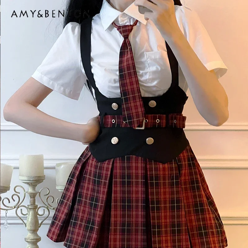 

Japanese Jk Uniform Original Design Summer White Short Sleeve Shirt with Red Plaid A Line Waist and Thin Vest Skirt Set For Girl