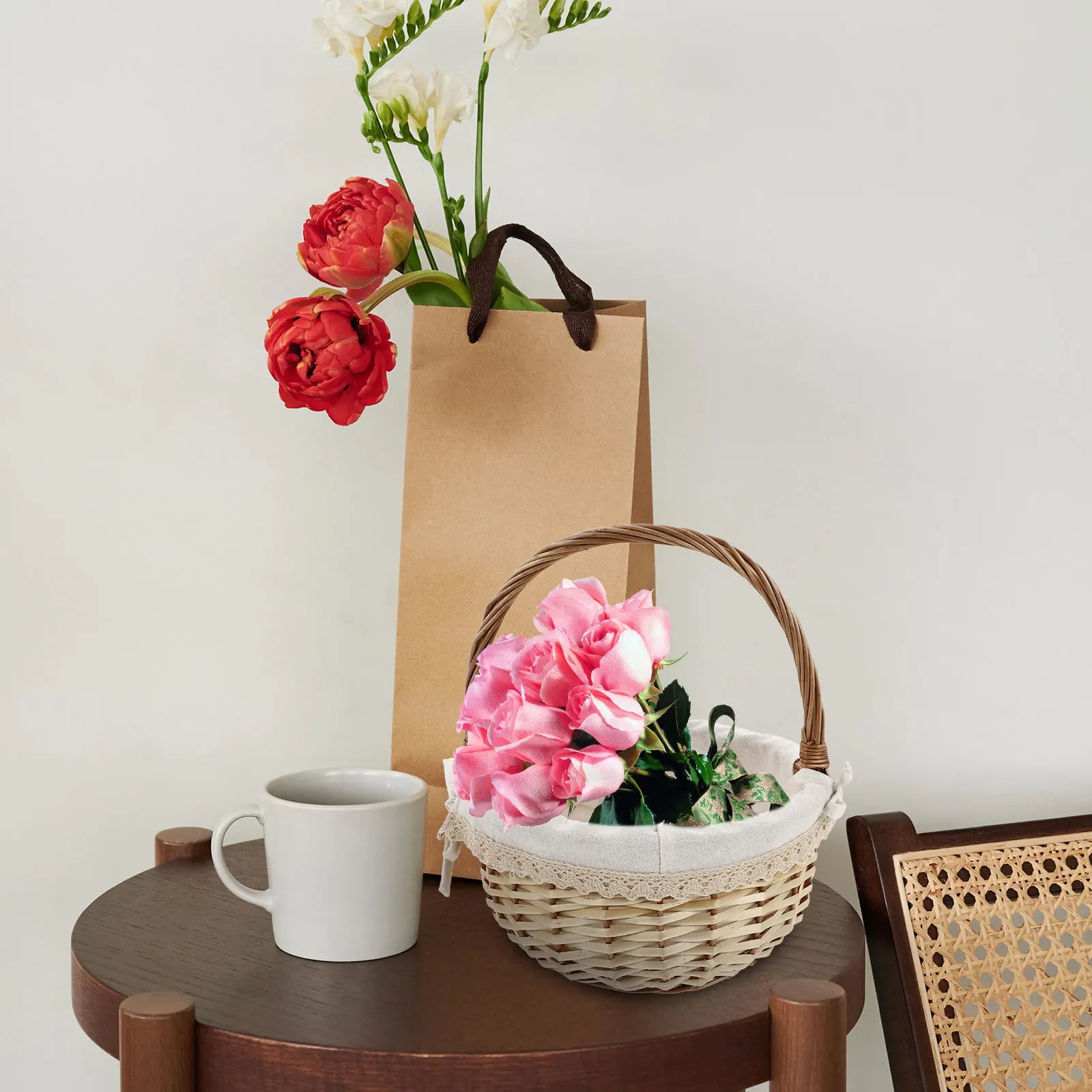 

Rattan Woven Storage Basket Handmade Home Decor Fruit Snack Portable Picnic Basket Durable Sturdy Handle Design Long Lasting