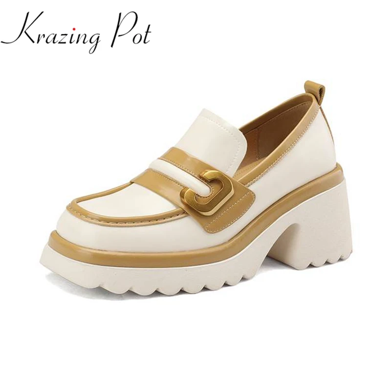 

Krazing Pot Genuine Leather Thick Bottom Increasing Autumn Round Toe Thick High Heels Metal Buckle Fasteners Leisure Women Pumps