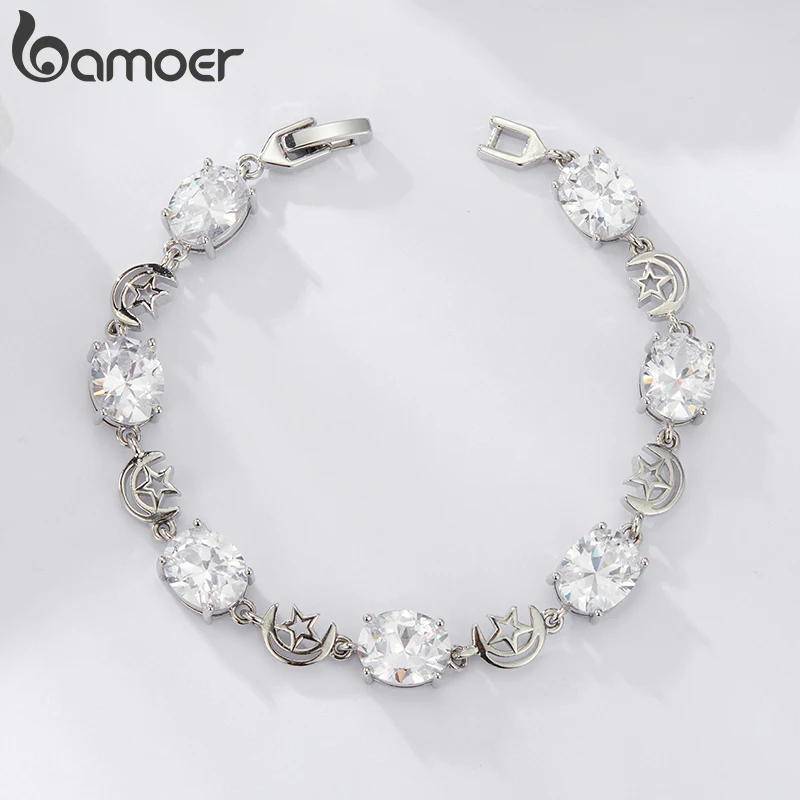 BAMOER White Gold Plated Sparkling Cubic Zirconia Classic Star and Moon Bracelet, Gold Bracelets for Women Fashion Jewelry