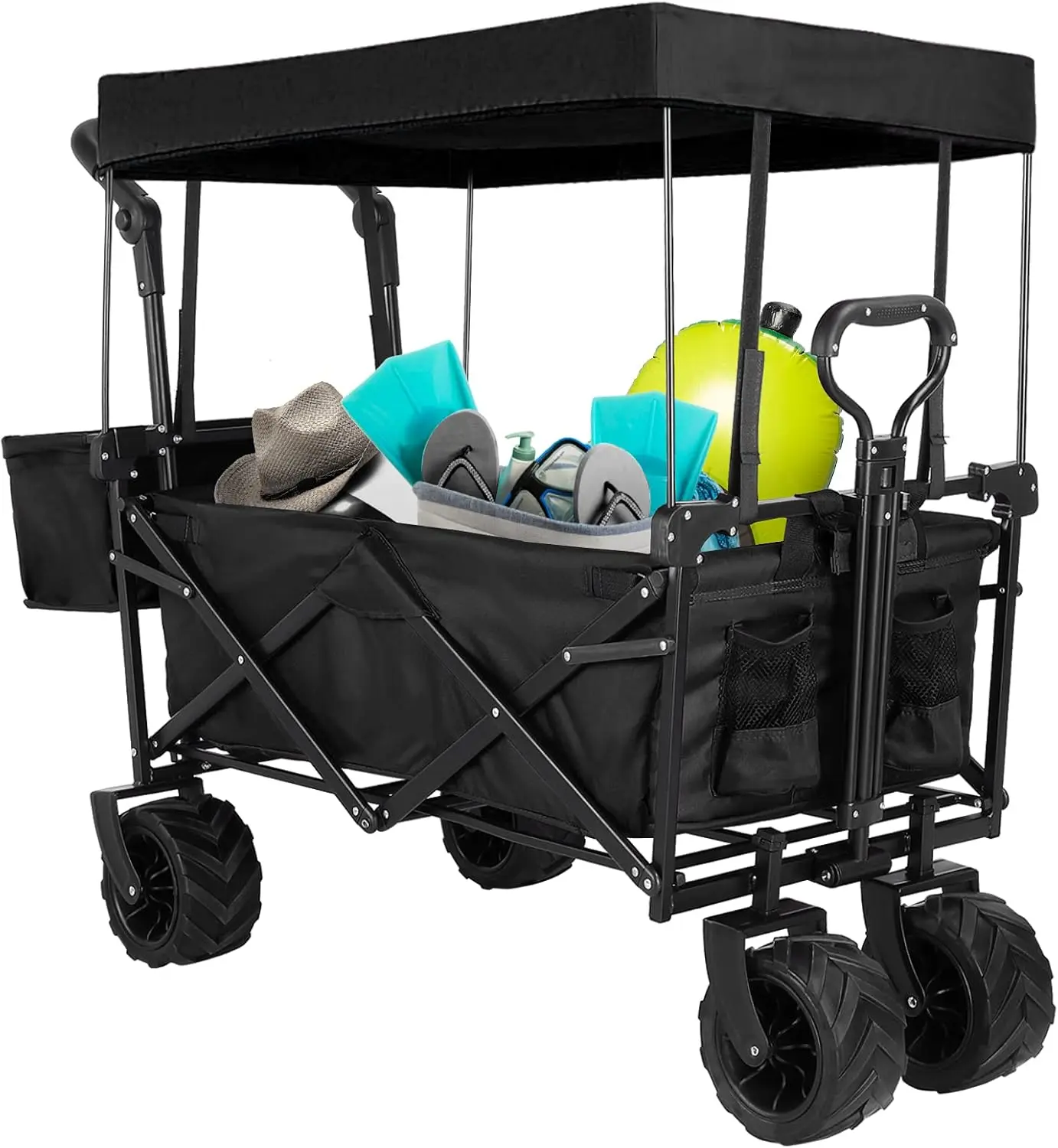 

Extra Large Collapsible Wagon w/Removable Canopy 250lbs Foldable Garden Cart w/Rear Storage Heavy Duty Outdoor Push&Pull Utility