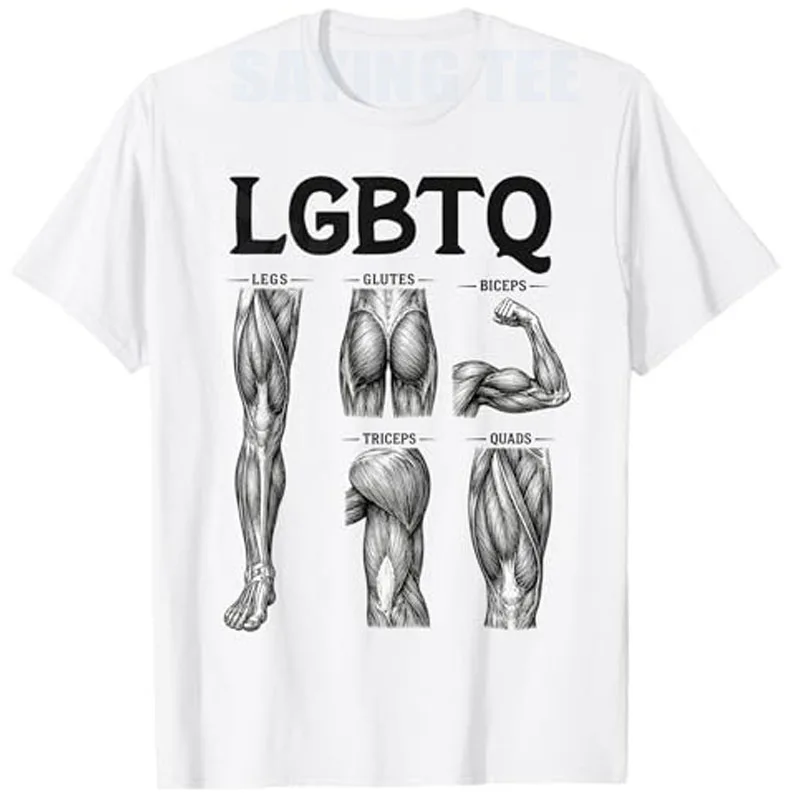 Camiseta de entrenamiento para amantes del gimnasio con ilustraciones de anatomía muscular Y2K: Piernas, Glúteos, Bíceps, Tríceps, Cuádriceps. Ropa de fitness para hombres LGBTQ. Camisetas divertidas.
