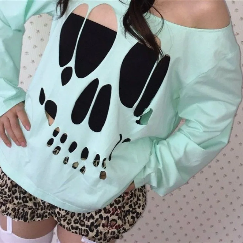 Kimutomo Women T Shirts Sexy Vintage Skulls Printed Hole Diagonal Collar Off Shoulder Long Sleeve Vintage Grunge Gothic Y2k - view 5