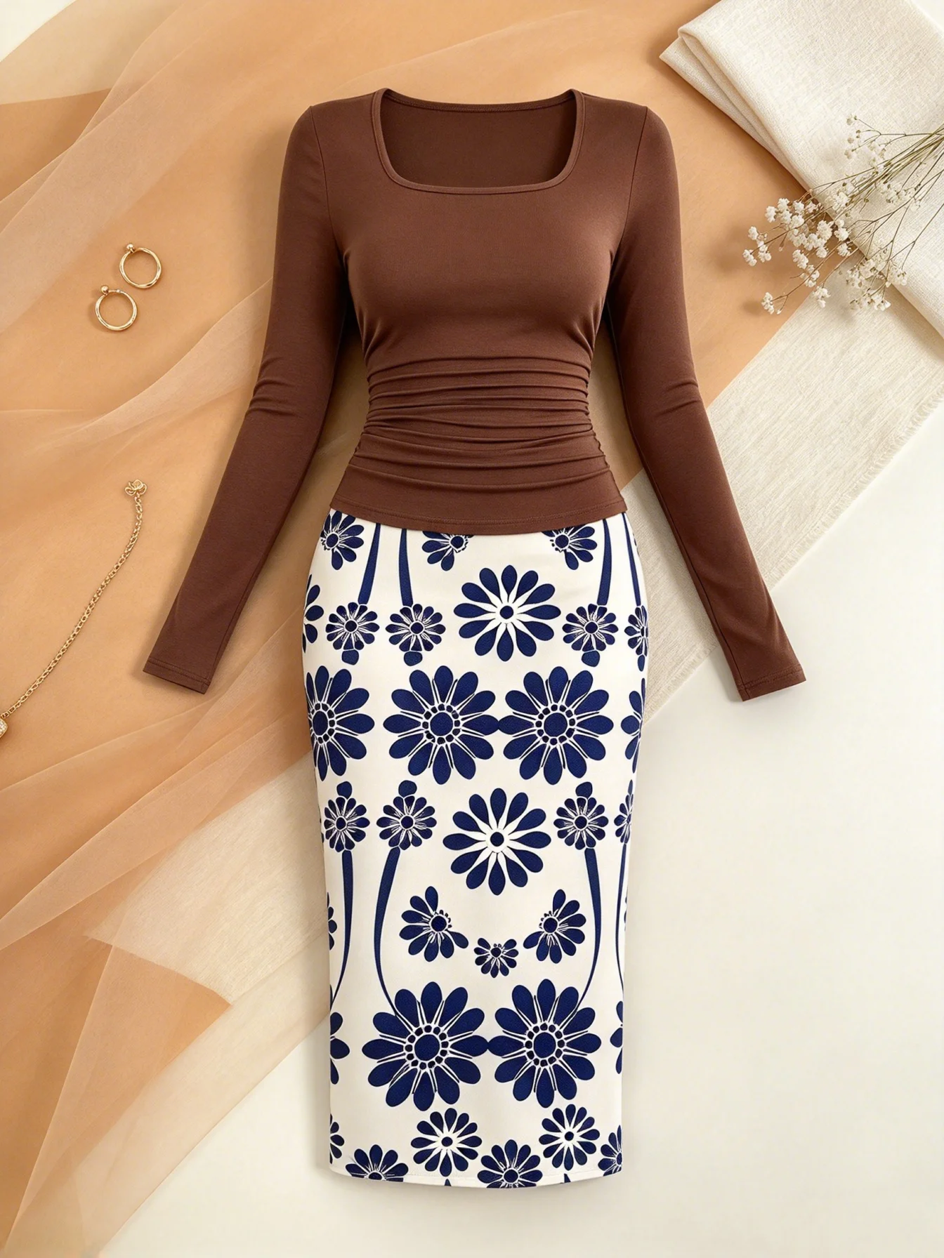 Women's Casual Elegant Solid Color Square Neck Long Sleeve T-Shirt Top Elastic Waist Skirt Set Floral Print