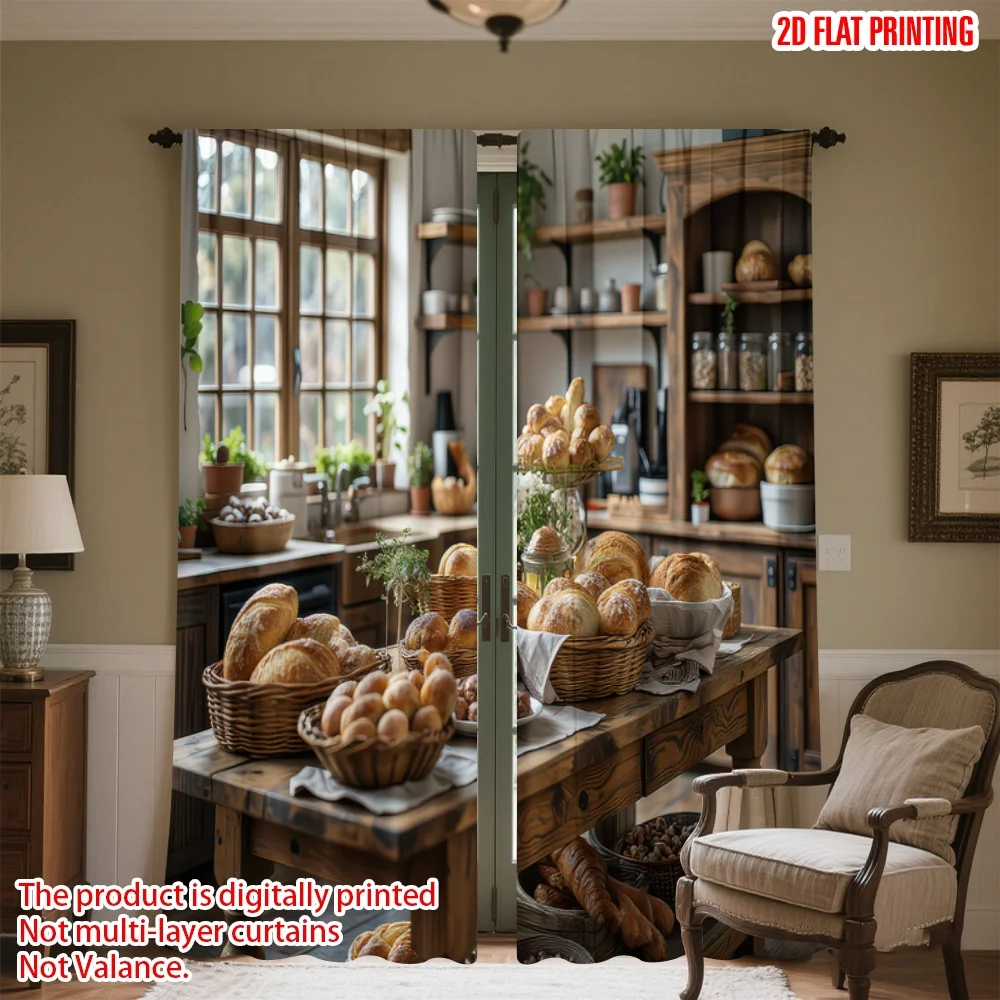 

2D flat printing 2pcs Party Curtains Rustic Bread Display Digital Printed Polyester Drapes All Season Party & Holiday Decor Use