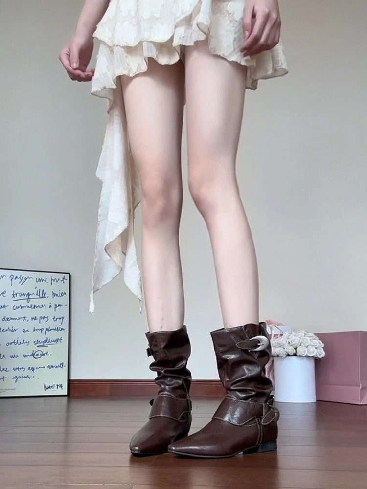 Women Western Style Short Boots Chunky Block Heel 5cm Internal Lift Belt Strap Stack Bootie Trendy Slimming Footwear 2026