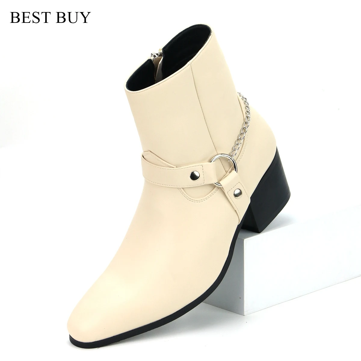 New Beige /Black Leather Shoes Chains Buckle Men Boots Stacked Heel Anke Boots Side Zip Men Fashion Shoes motorcycle boots