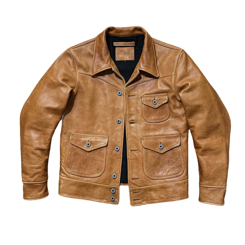 Yellow Autumn Leather Jacket Men Plus Size 5XL Retro Style Single Breasted Genuine Natural Cowhide Short Leather Coat