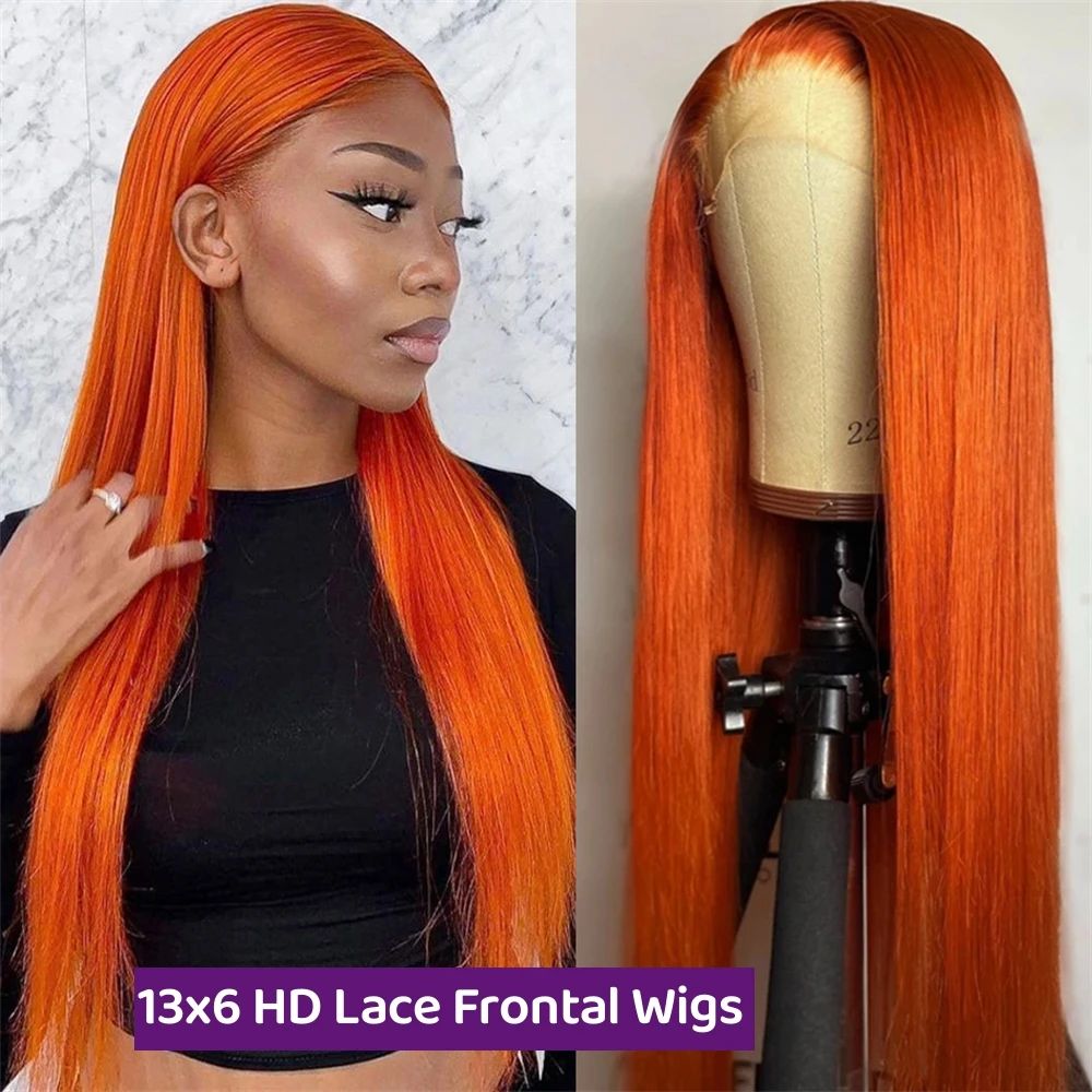 13x6 HD Lace Frontal Wigs Human Hair Orange Ginger Lace Front Wig for Women Cosplay Straight Colored Wigs for Party Halloween