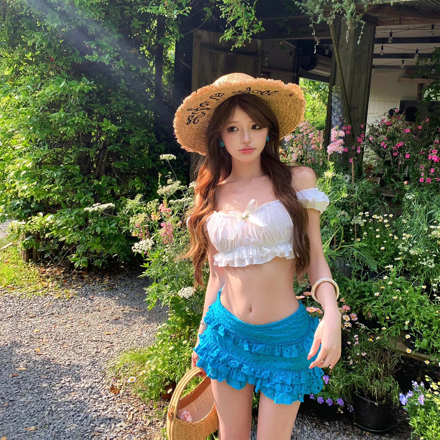 

Sexy Pure Desire Beach Vacation Set Short Spicy Girl Blue Short Skirt Two Piece Suit Women Summer High Waist Knot