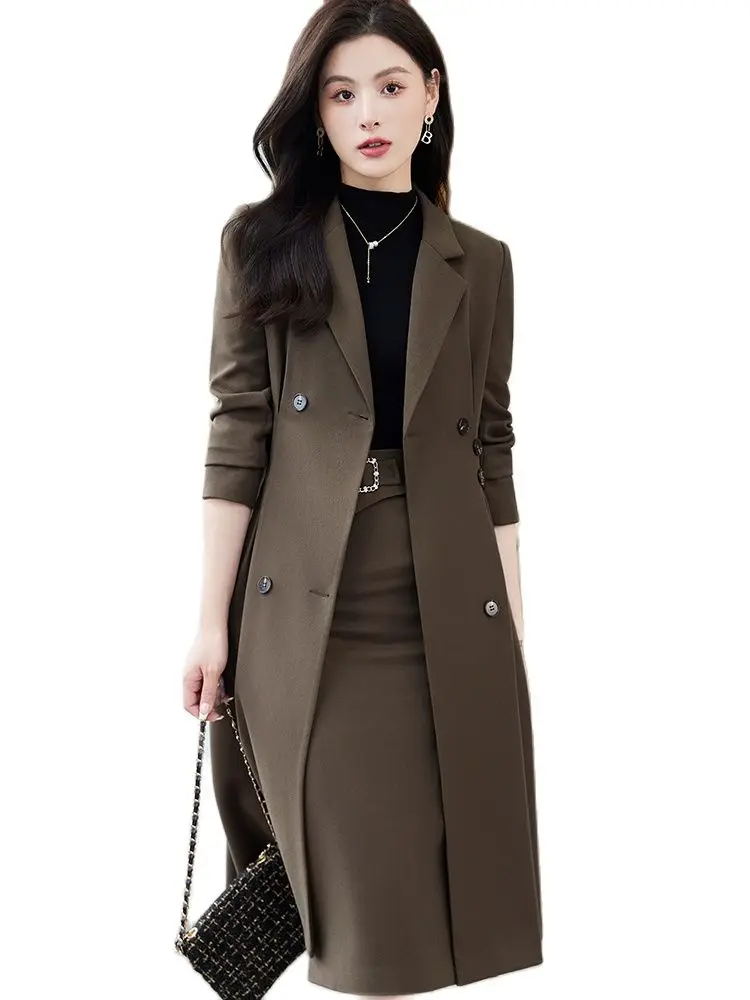 

2023 Elegant Ladies Formal Overcoat Suit For Women Black Apricot Coffee 2Piece Set Skirt Suits Autumn Winter New Business Office