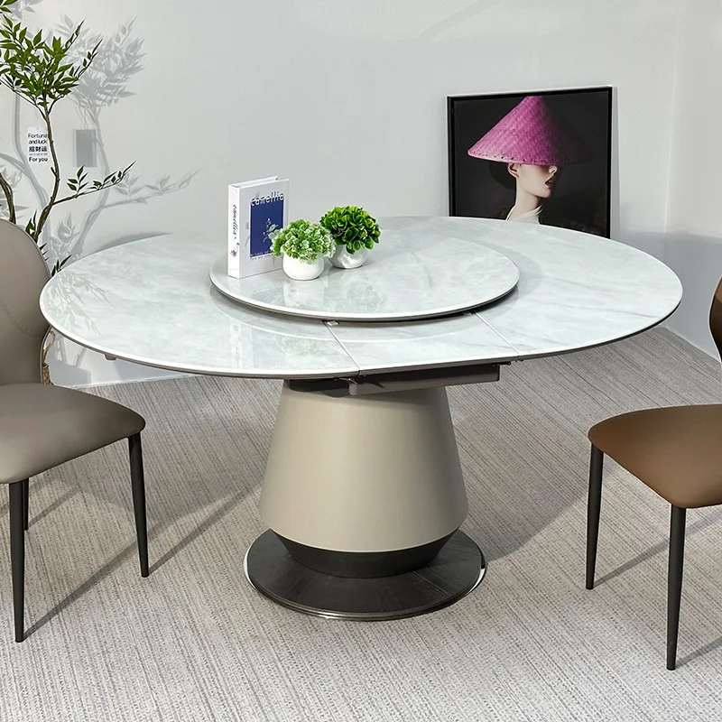 Italian minimalist microcrystalline stone telescopic round dining table large flat oval rotating dining table light luxury 54 ho