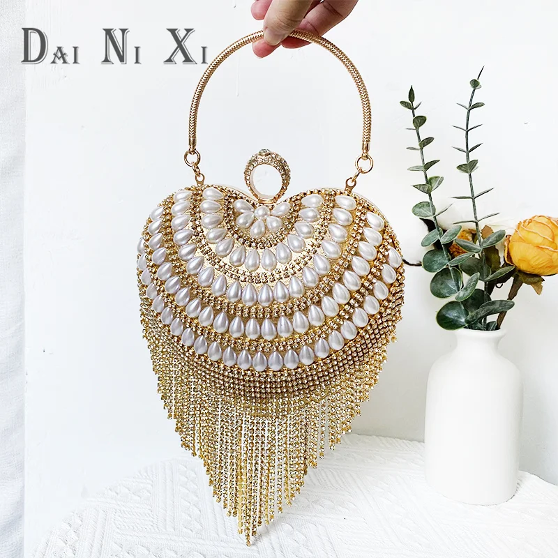 Luxury Bling Heart Shape Diamond Tassel Evening Clutch Rhinestones Purse Wedding Party Purse Ladies Fashion Bag