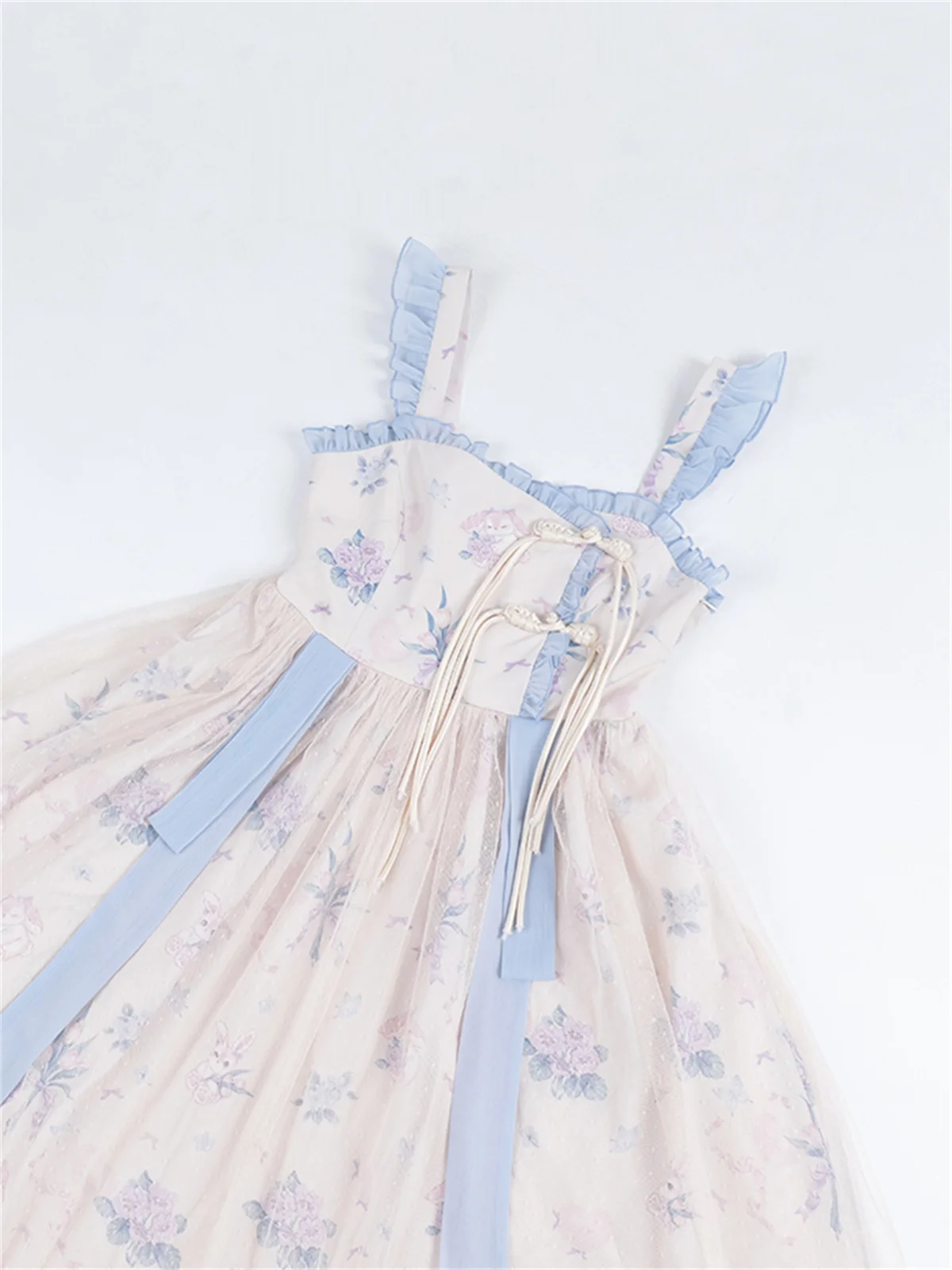 Robe de cosplay de style idyllique chinois Lolita pour filles douces, dentelle Loli mignonne, impression à volants, tulipes de lapin douces, ruban en maille, Jsk