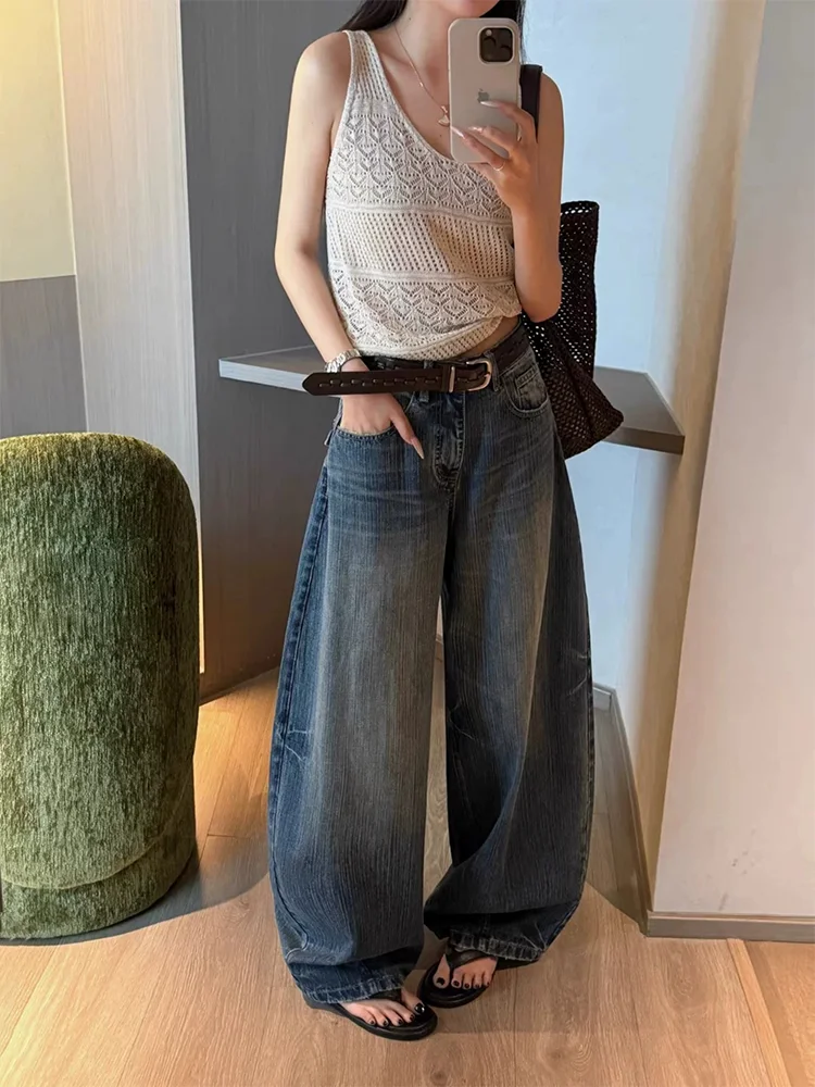 High Waist Wide Leg Blue Washed American Retro Women's Jeans Knife  Denim Loose Fit Fall Collection plus Size