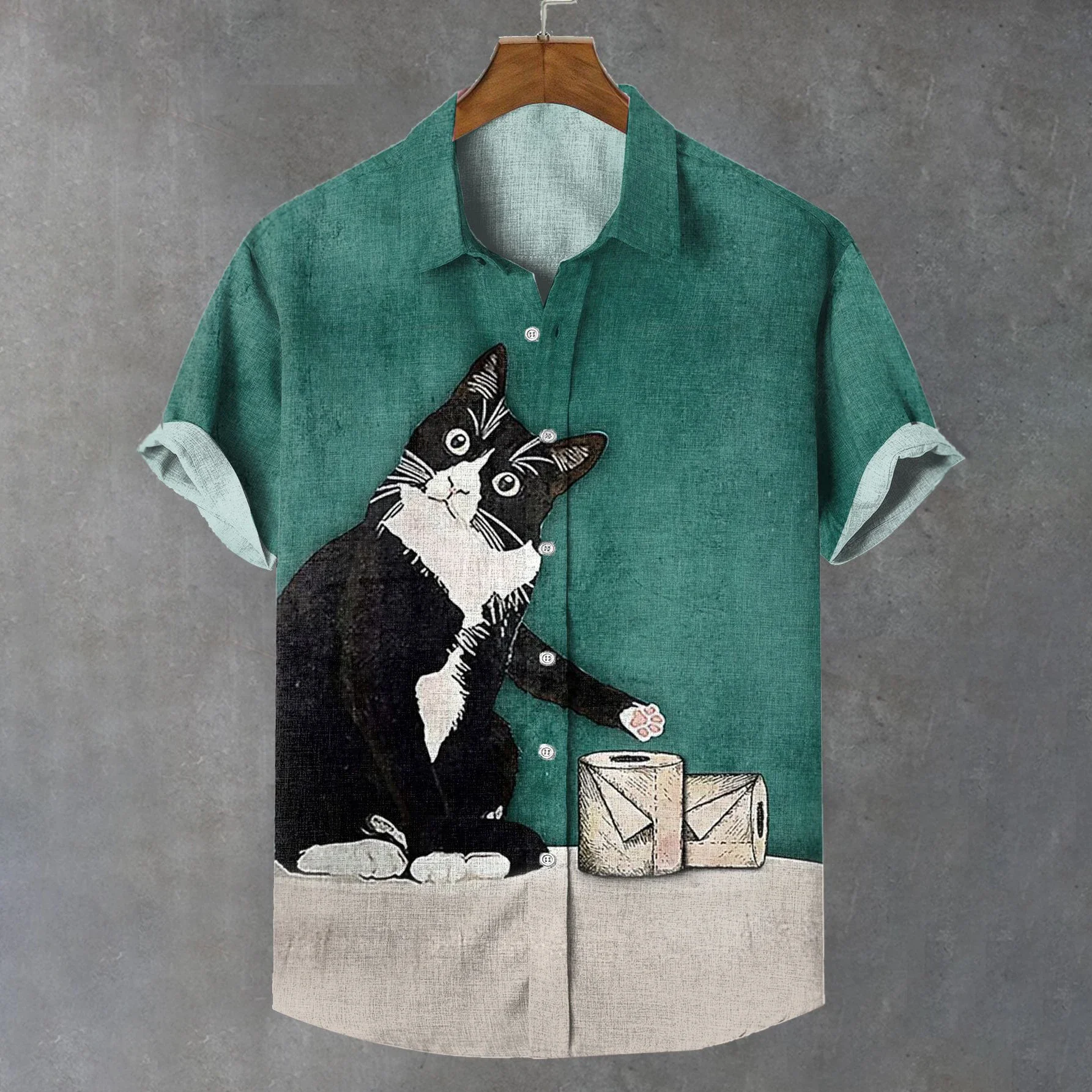 Camisa estampada com estampa animal masculina, camisa de gato casual de manga curta, roupas extragrandes, blusa cardigan, moda verão