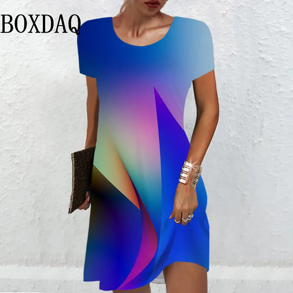 Sweet Casual Gradient Rainbow Print Dresses For Women 2024 Summer Clothing Women Plus Size Fashion Short Sleeve Mini New Dress