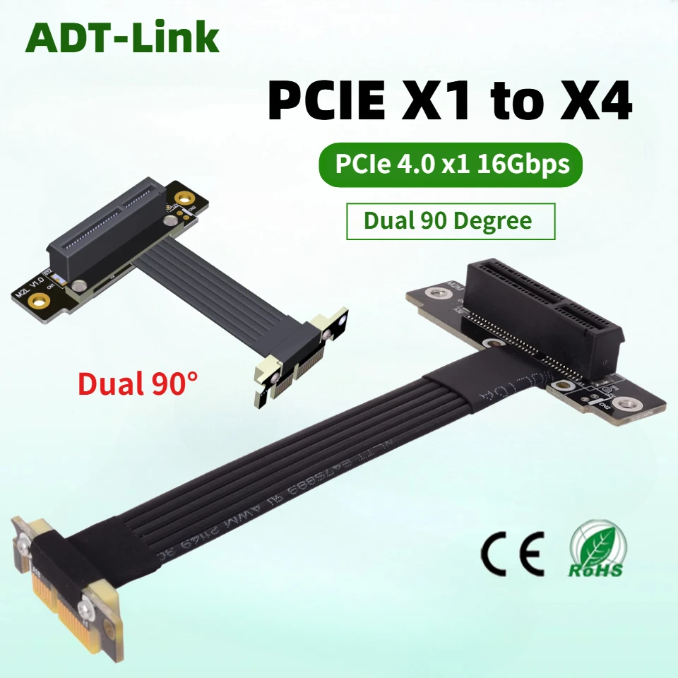 16Gbps Riser Card PCIE 4.0 X1 Male To X4 Female PCI Express PCI-E 4X 1X PCIe Riser Extender Ribbon Wire Dual 90° Right Angle GPU