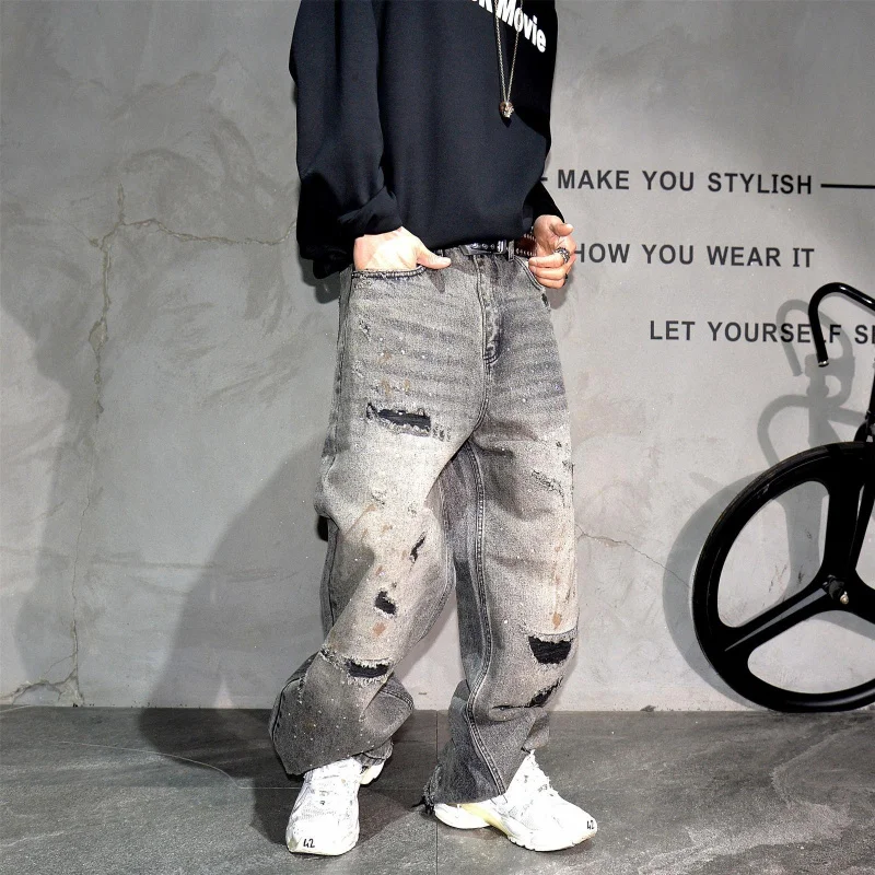 Men's American Street Denim Pants in Black and Gray with Gemstone Embellishments, Loose, Straight, Floor-Length, For Daily Use
