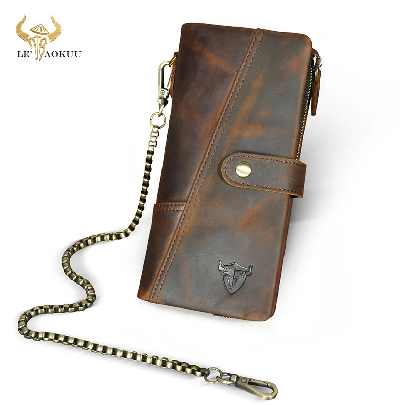 

Hot Sale Genuine Crazy Horse Leather Travel Business Organizer Chain RFID Wallet For Men Long Zipper Male Purse Card Holder 1803