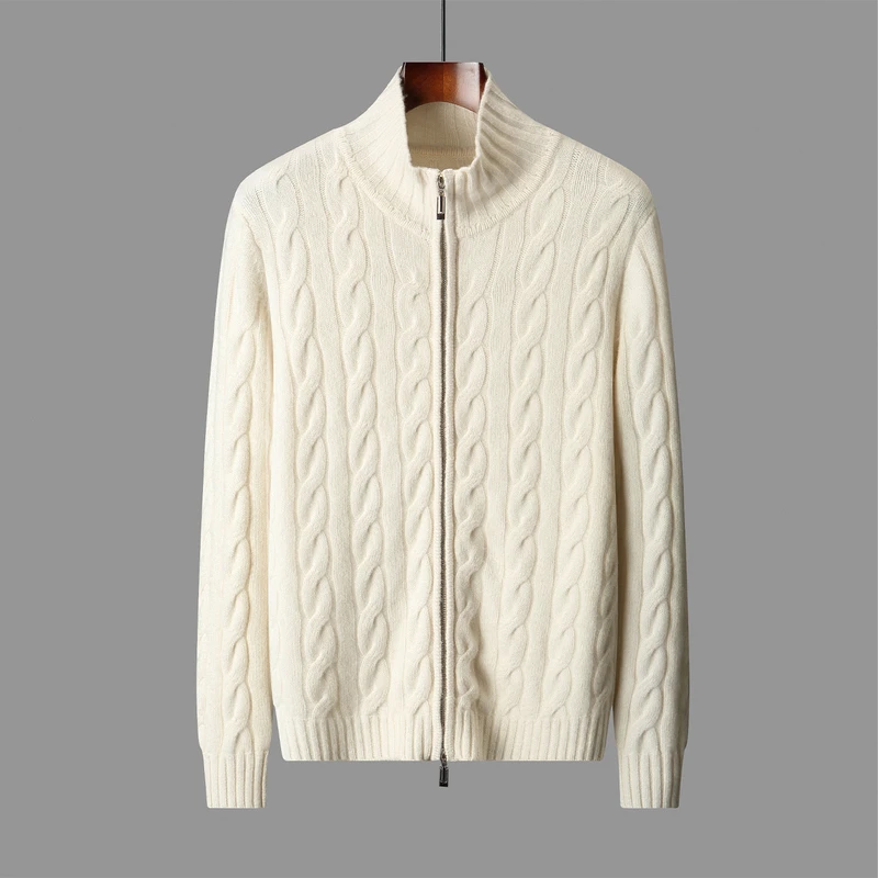 CHICUU Men's Cable Knit Zipper Cardigan Coat 100% Merino Wool Sweater Autumn Winter Thick Warm Mock Neck Cashmere Knitwear Cloth
