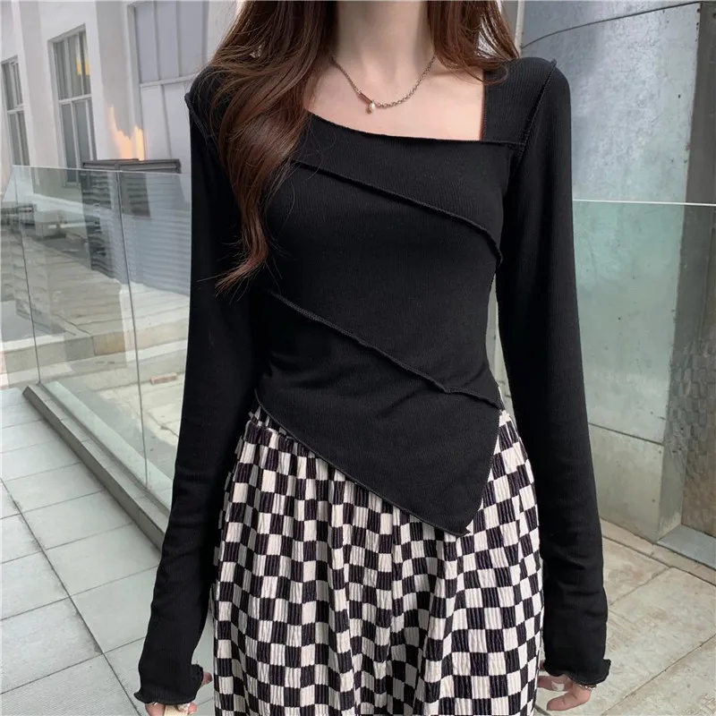 Autumn Long Sleeve Kpop Black T-shirt Women Patchwork Sexy Japanese Y2K Crop Tops Woman Korean Fashion Slim Tee Shirt Winter