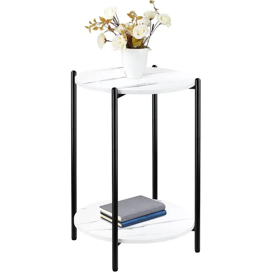

Marble End Table White Black Side Table Marble Nightstand for Living Room or Bedroom Modern Accent Table with Black Metal Frame