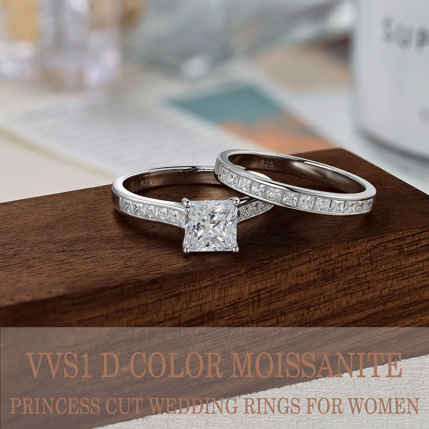 Newshe 2 Pcs GRA Certified Moissanite Princess Cut Wedding Rings Set for Women 925 Sterling Silver Engagement Ring Jewelry