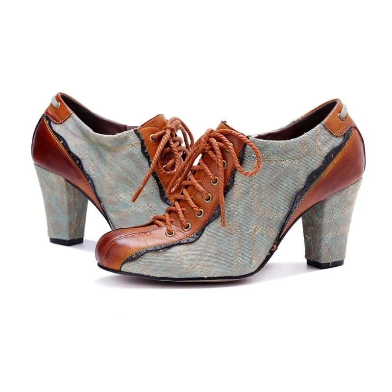 

7.8CM Genuine Leather Women Shoes Mixed Colors Splicing Lace Up Side Zipper Women Brown High Heels for Women Spring Autumn Shoes