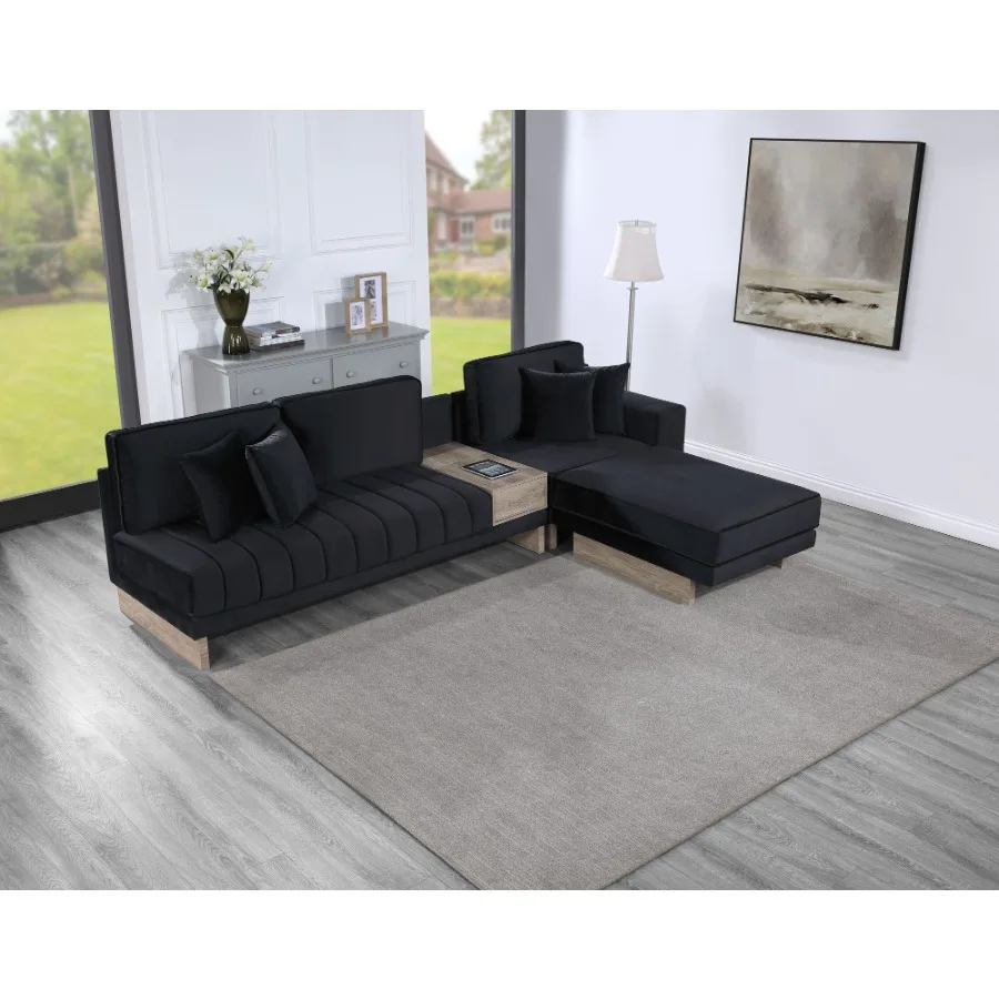 

Memphis 122.5W Black Velvet Reversible Sectional Sofa man with Storage Compartment Drawer USB ports Charging Outlets