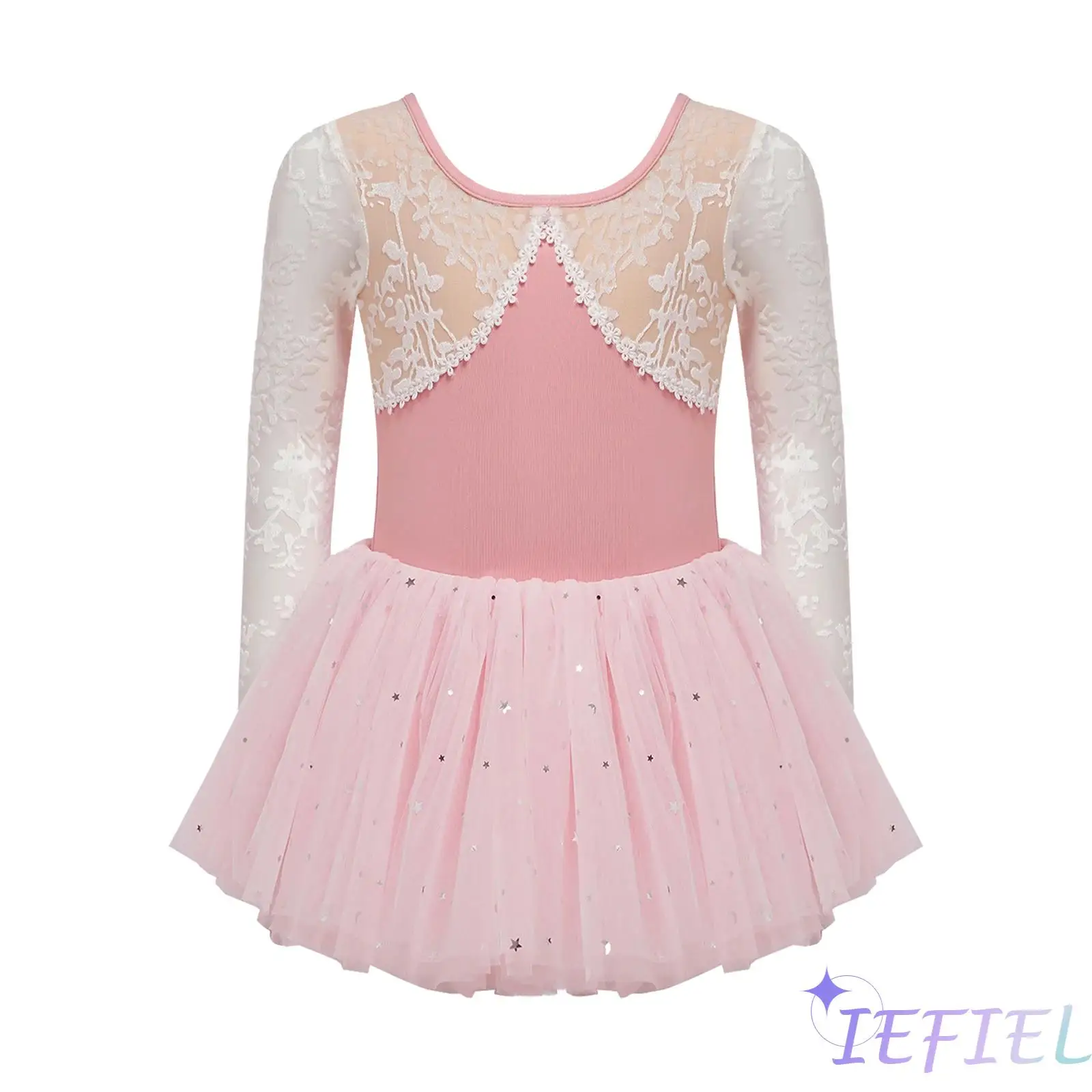 

2PCS Girls Ballet Dance Performance Outfit Lace Trim Mesh Patchwork Jacquard Leotard Layered Skirt Professional Ballet Costume