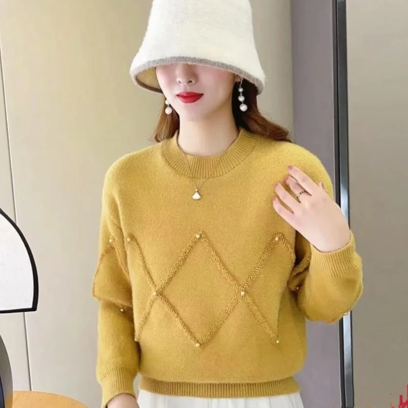 

Korean Fashion Autumn Winner Sweaters Women O-Neck Solid Tassel Beading Plus Velvet Lazy Wind Long Sleeve Pullovers Knitted Tops