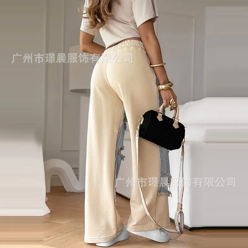 Pantalones vaqueros rasgados de retales callejero para mujer, pantalones vaqueros holgados con cordón y bolsillos de cintura baja, pantalones de pierna recta con cremallera, pantalones informales 2025