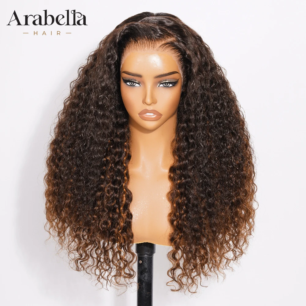 

ARABELLA Hair Water Wave Curly 13x6 Lace Frontal Wig 100% Human Hair Ombre Highlight Brown Pre Plucked Bleached Knots Glueless
