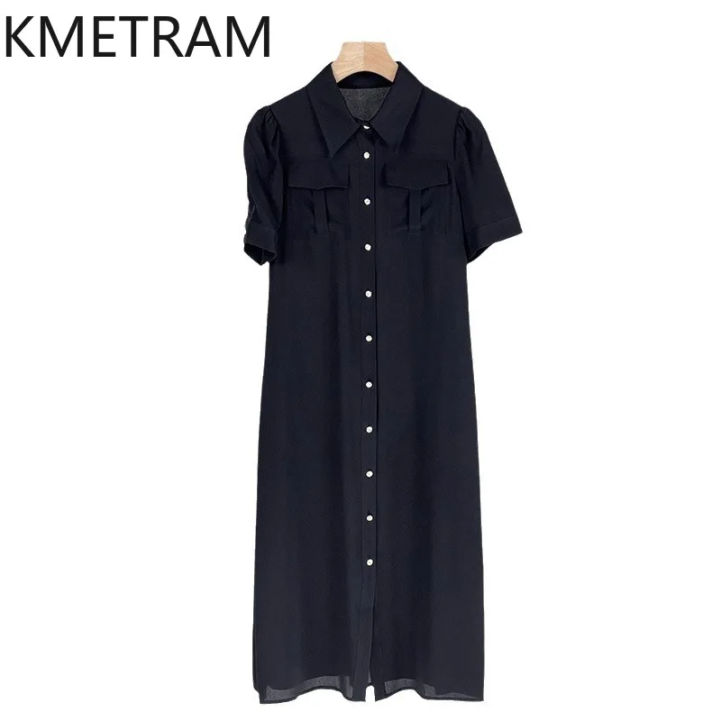 

KMETRAM Mulberry Silk Dress for Women Summer Lace Up Loose Waist Shirt Skirt Long Dresses Slimming Women's Clothing New in 2024