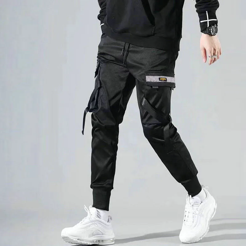 Streetwear 2023 Primavera Casual Calças Dos Homens Fitas De Algodão Calças De Carga Harajuku Moda Slim Fit Preto Corredores Homens