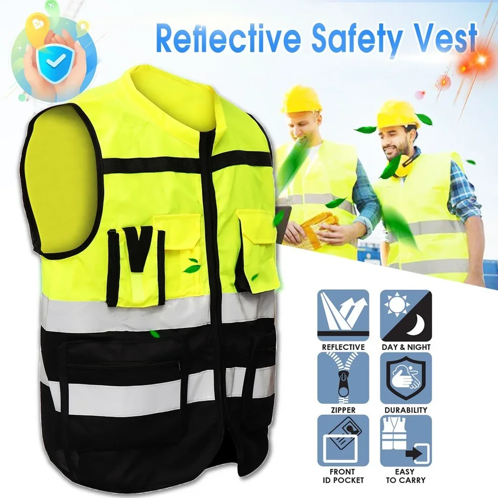 Chaleco reflectante de alta visibilidad para conducir, chaqueta de seguridad nocturna con bolsillos para correr en el trabajo, talla S/M/L