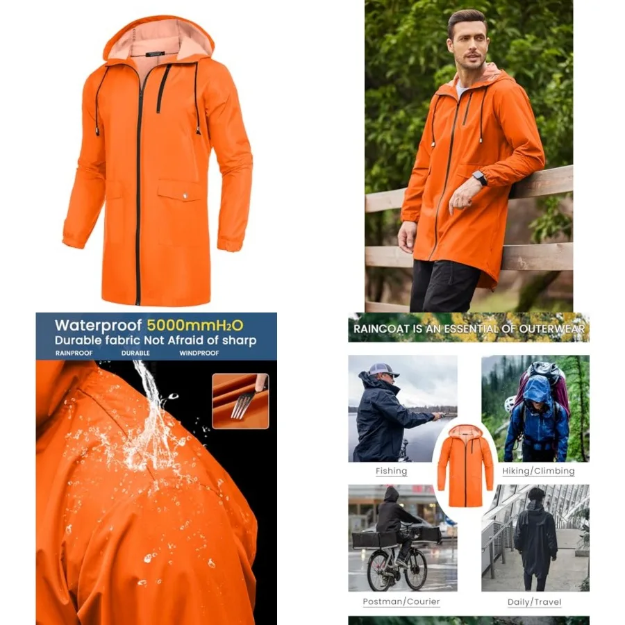 

Men's Long Raincoat Ligtweight Rain Jacket Waterproof Outdoor Jackets with Hood