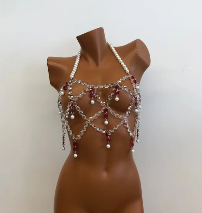 New hollowed-out acrylic diamond body chain Pearl chest chain halter vest body chain jewelry women