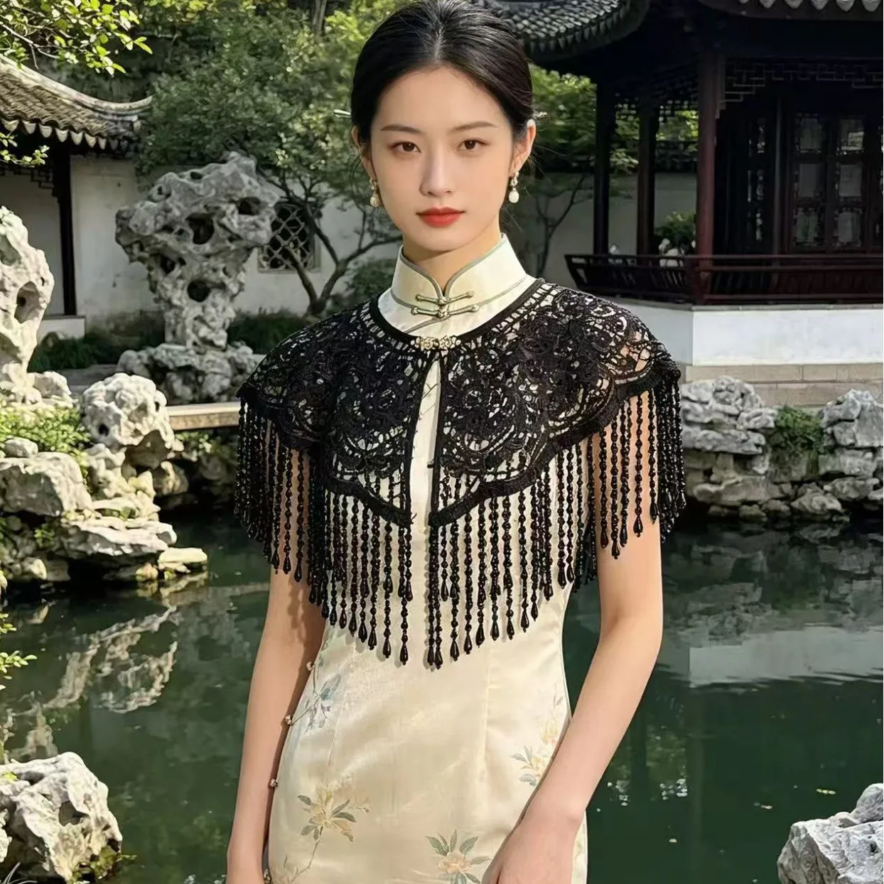 Vintage Pearl Tassel Shawl Ancient Style Cloud Shoulder Hanfu Tassel Elegant Cheongsam Shawl Detachable Collar Wedding Decor