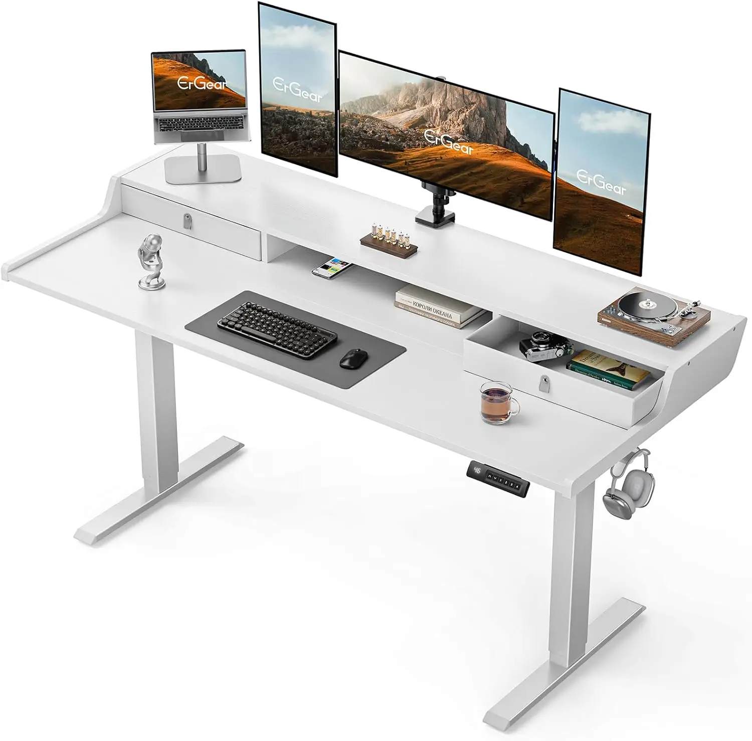 Electric standing office desk with drawers, 63 inch x 28 inch gaming desk, equipped with storage rack, 4 preset heights, white