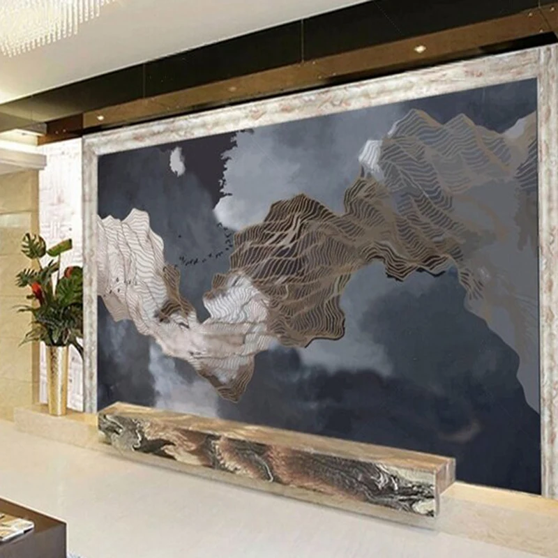 Chinese-style abstract artistic conception landscape golden lines flying birds luxurious home decoration bedroom background wall