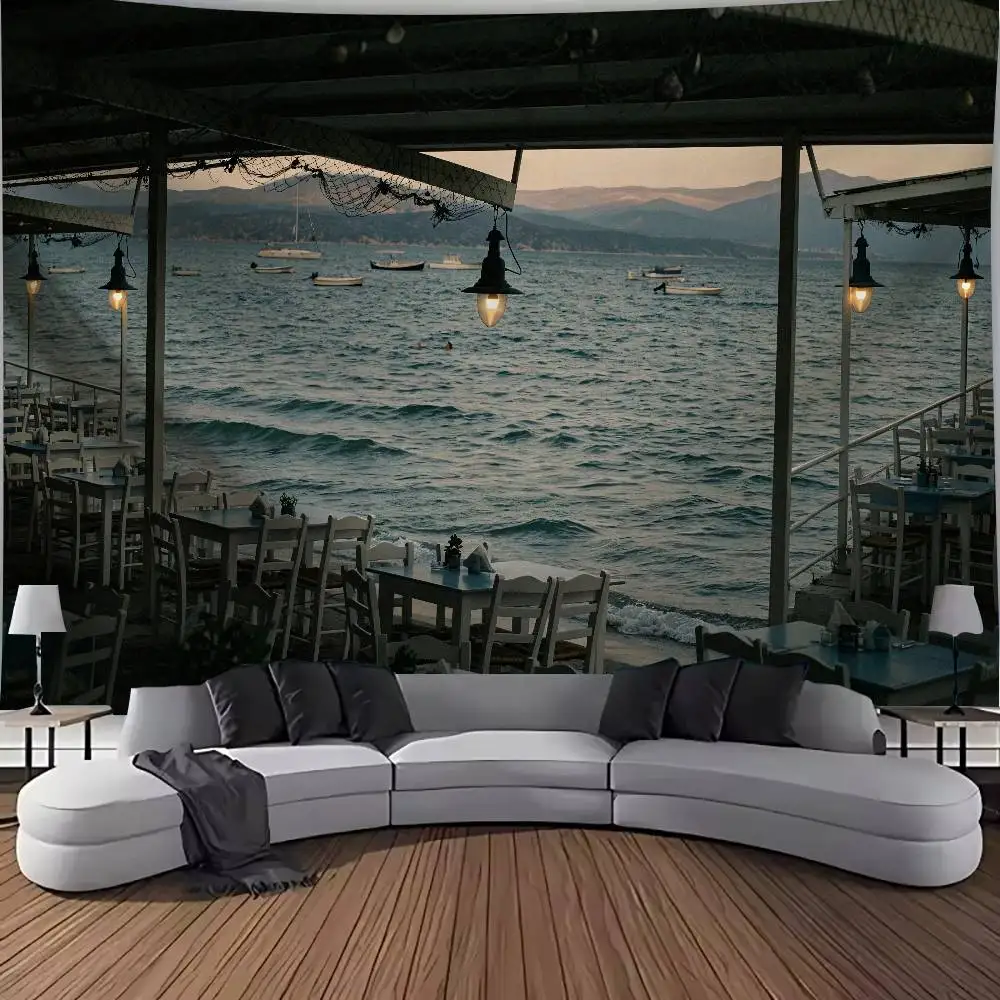 Mediterranean Seaside Restaurant View Tapestry Wall Hanging Dusk Ocean Sea Coast Scenery Art Wall Tapestry Decor