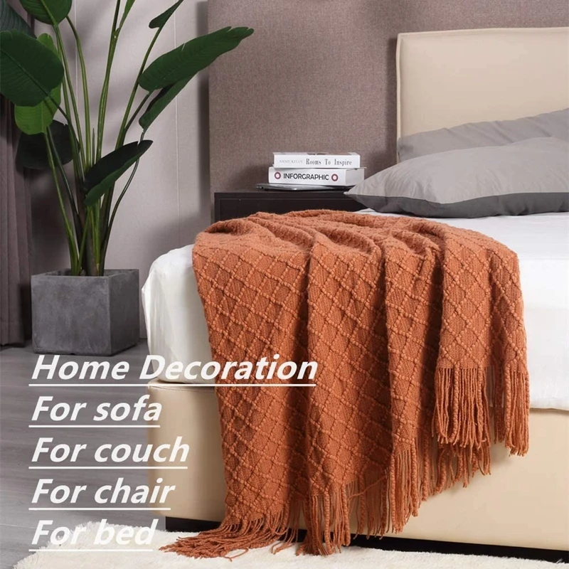 Luxury Solid Color Fringe Diamond Blankets Tassels Knitted Throw Blanket Chunky Cozy Farmhouse Gift All Season Comfort For Home