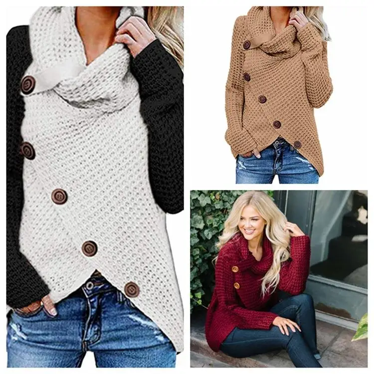 

High Ne Long Sweater Knitted Pullover Women's Faionable Decorated Medium Thi Winter Color Regular Fit Sweater