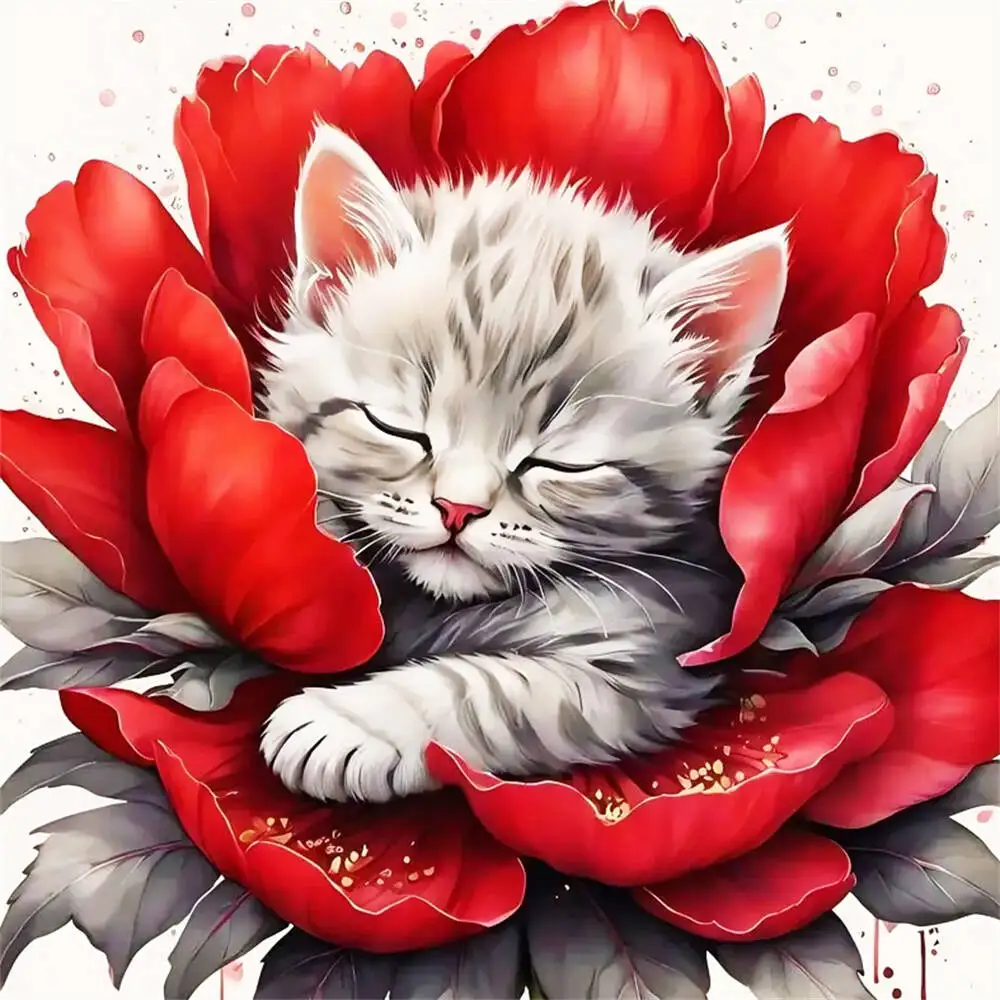 

HUACAN Diamond Painting Cat Flower DIY Embroidery Full Square Round Drill Mosaic Animal Crafts Kit Adult Children's Room Decor