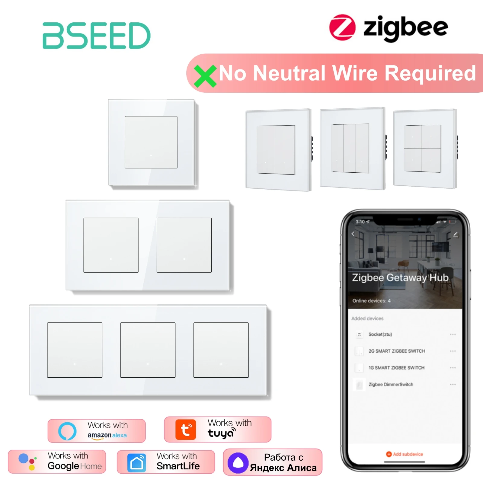 

BSEED ZigBee Click Switches Single Live Wall Smart Click Light Switches Yellow Glass Frame For Tuya Smart Life Google Yandex APP