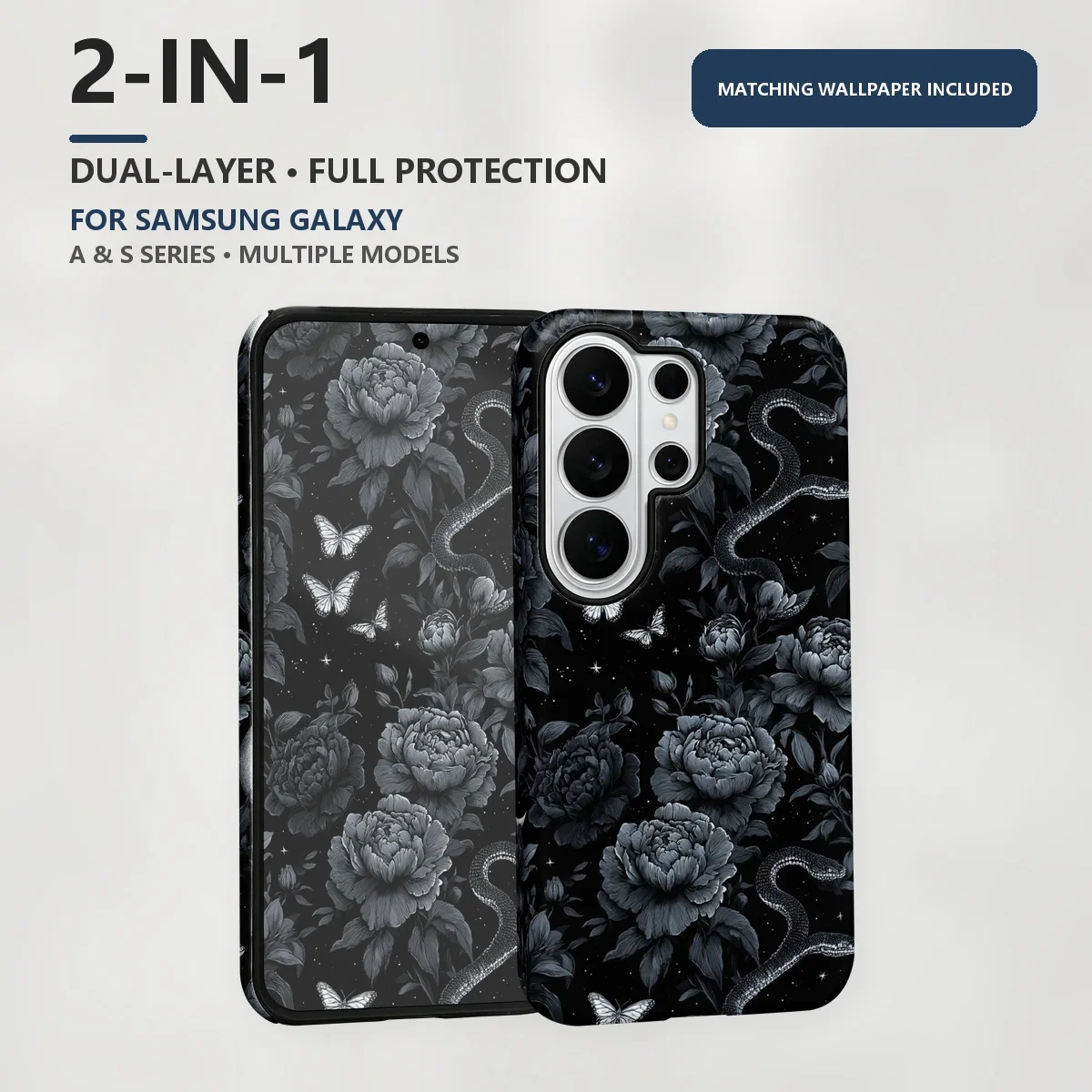 Gothic Peony Snake Pattern 2-in-1 Dual-Layer Phone Case for Samsung Galaxy S26 S25 S24 Plus Ultra FE S20 FE A56 A17 A16 A15