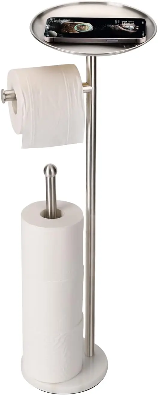 

Toilet Paper Holder Stand with Shelf, Freestanding Toilet Paper Holder, Heavy Marble Base No Tipping Over (Brushed Nicke