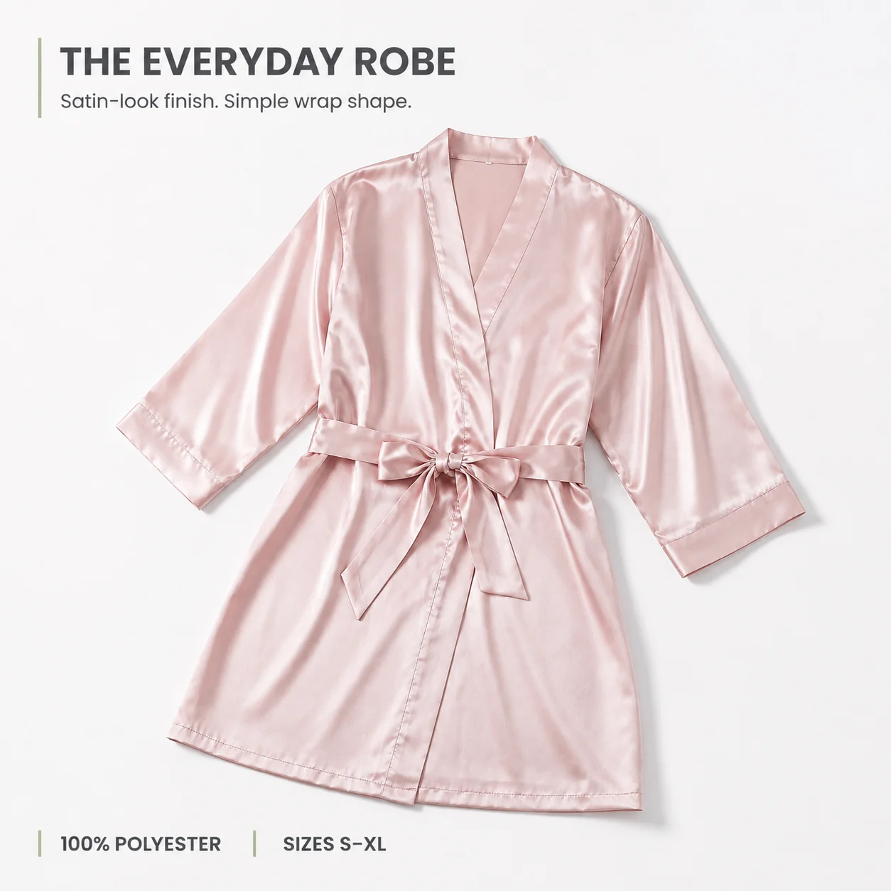 Womens Belted Satin Look Dressing Gown V Neck Solid Color Wrap Robe Three Quarter Sleeves Polyester Homewear S M L XL